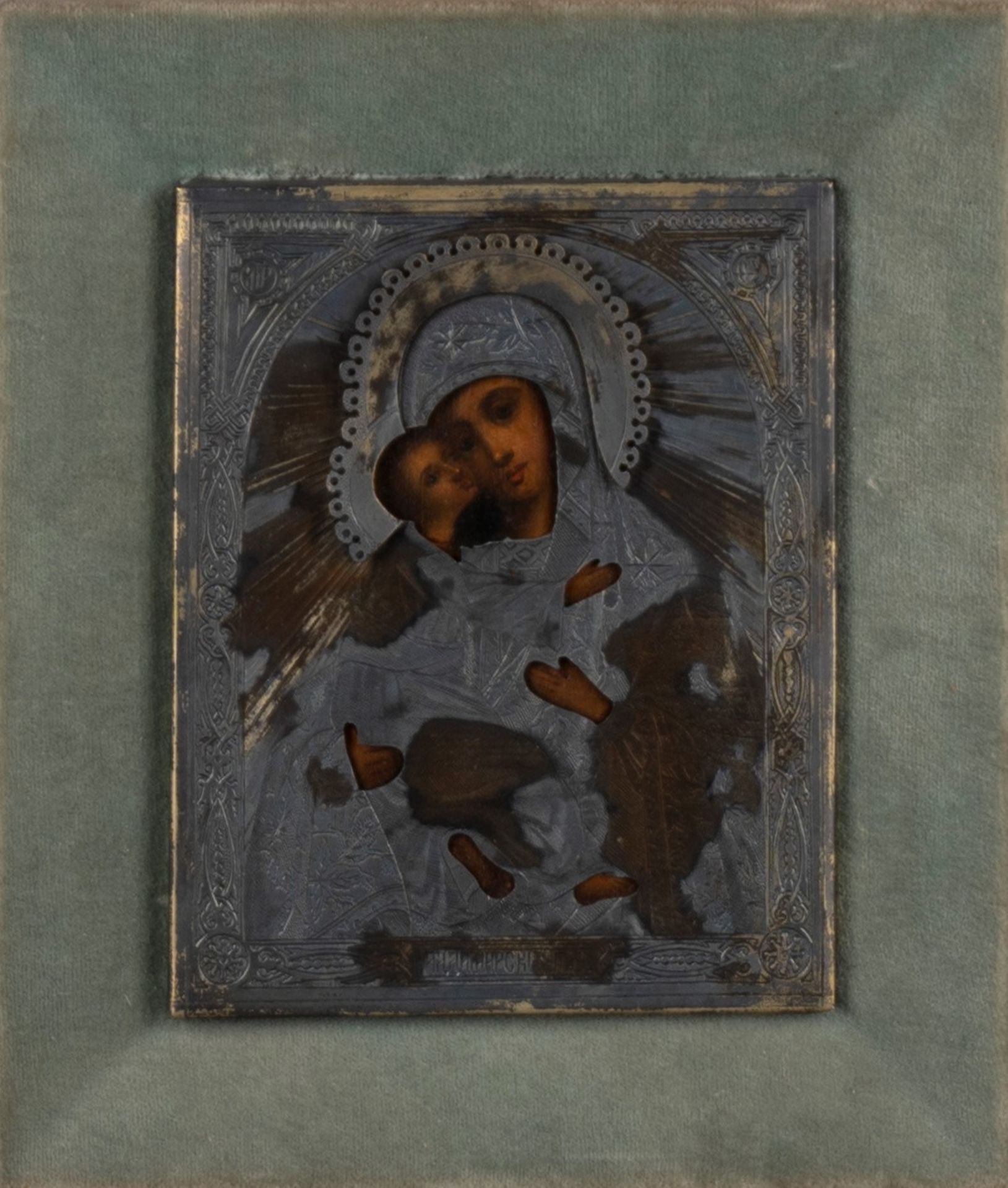 Icon with silver riza representing Madonna and Child, 19th century
