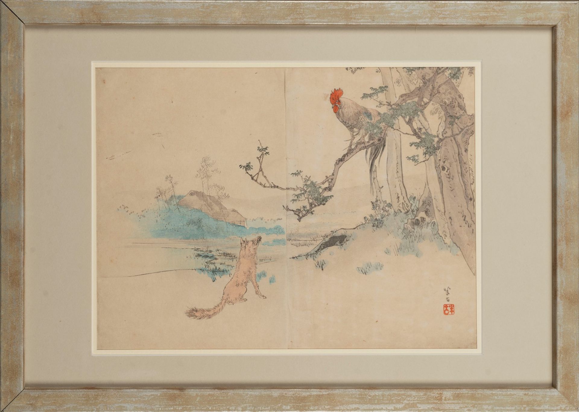 Print representing landscape with wolf and rooster, Japan, 20th century