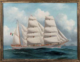 Antonio De Simone (Napoli 1851-1907) - Three-masted sailing ship with the flag of the House of Savo