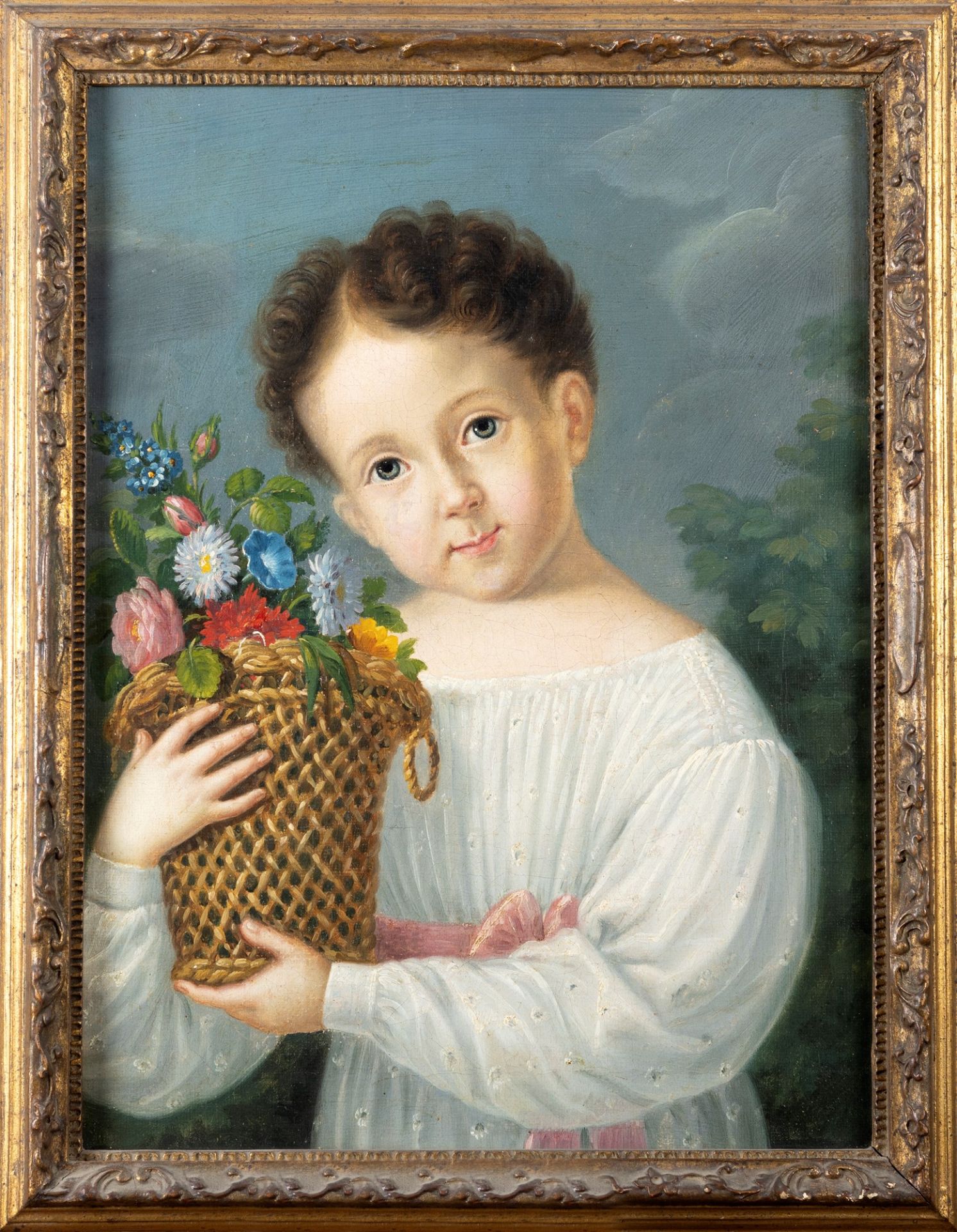 Italian school, early nineteenth century - Portrait of a little girl with a basket of flowers - Image 3 of 3