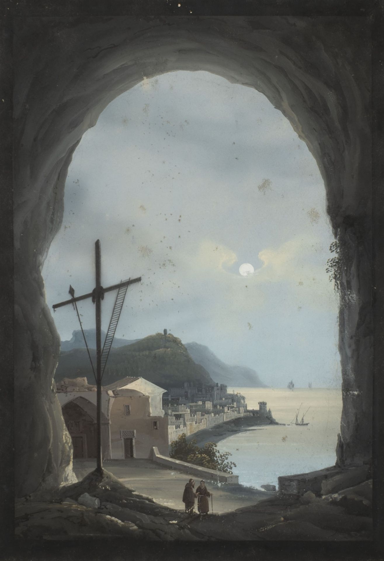 Neapolitan school, XIX century - Coastal view in the moonlight - Image 2 of 3