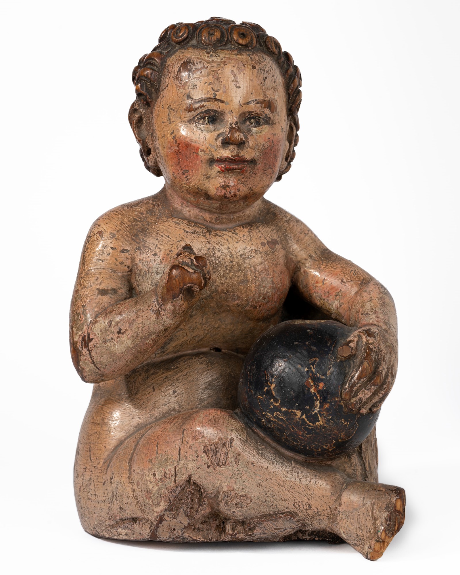 Polychrome wooden sculpture representing Baby Jesus with globe, 17th century