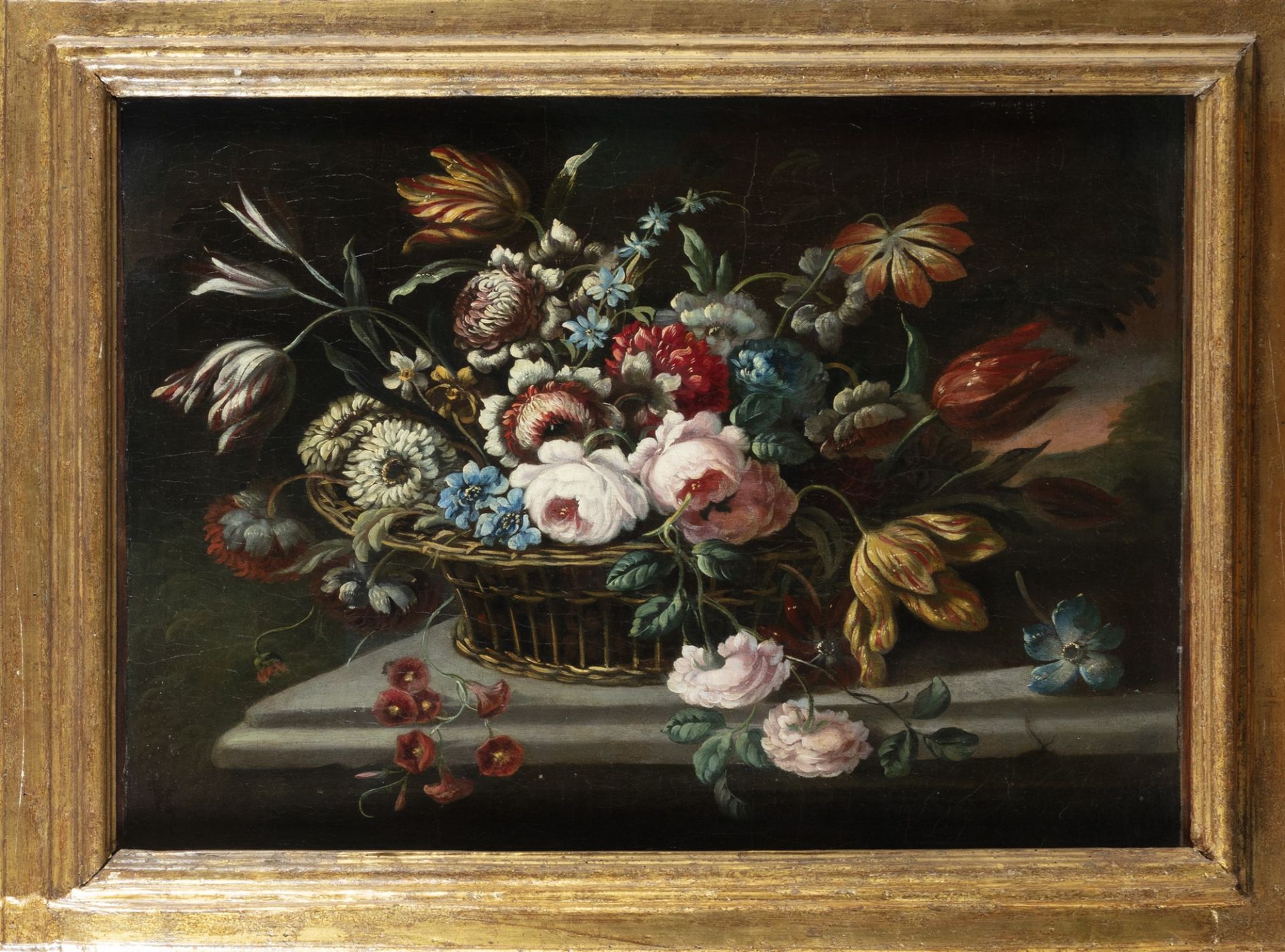 Follower of Mario de' Fiori - Flowers in a basket on a stone table - Image 3 of 3