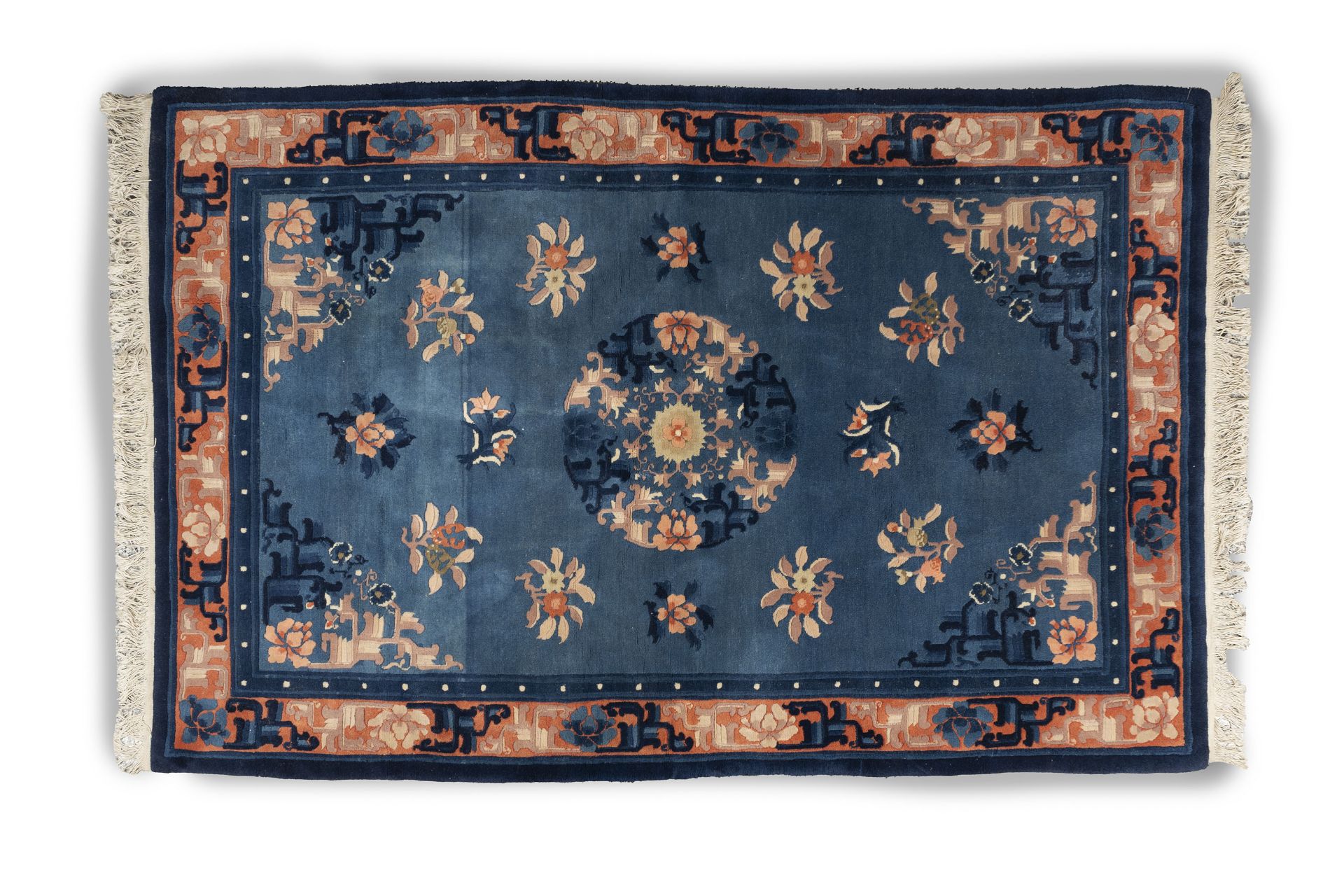 Blue and orange Beijing carpet with floral pattern, China, 20th century