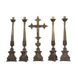 Lot consisting of four candlesticks and a gilded bronze crucifix, 19th century