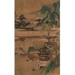 Two prints representing landscapes with castles, China 19th century