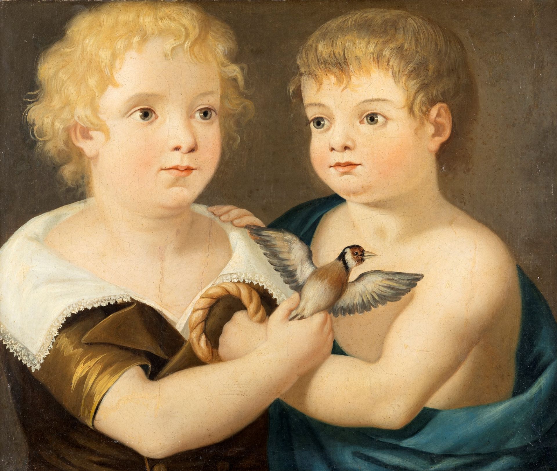 Italian school, early nineteenth century - Portrait of two children with goldfinch and donut