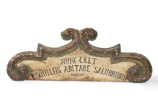 Frieze in carved and lacquered wood with Latin inscription, 19th century