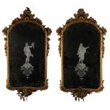 Pair of mirrors in carved and gilded wood with bevelled mirror, 18th century