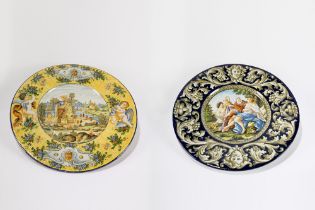Two large plates in polychrome majolica, late 19th century