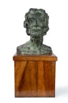 Bronze male head with wooden base, early 20th century