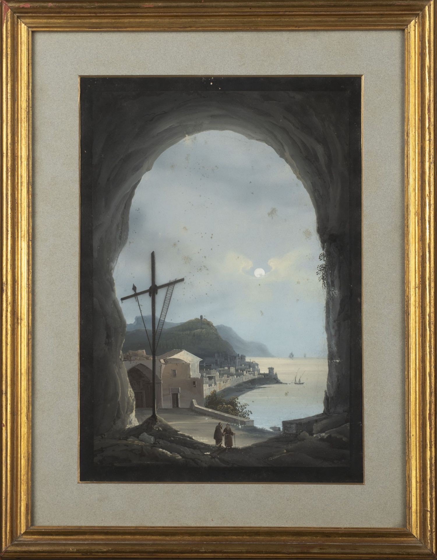 Neapolitan school, XIX century - Coastal view in the moonlight