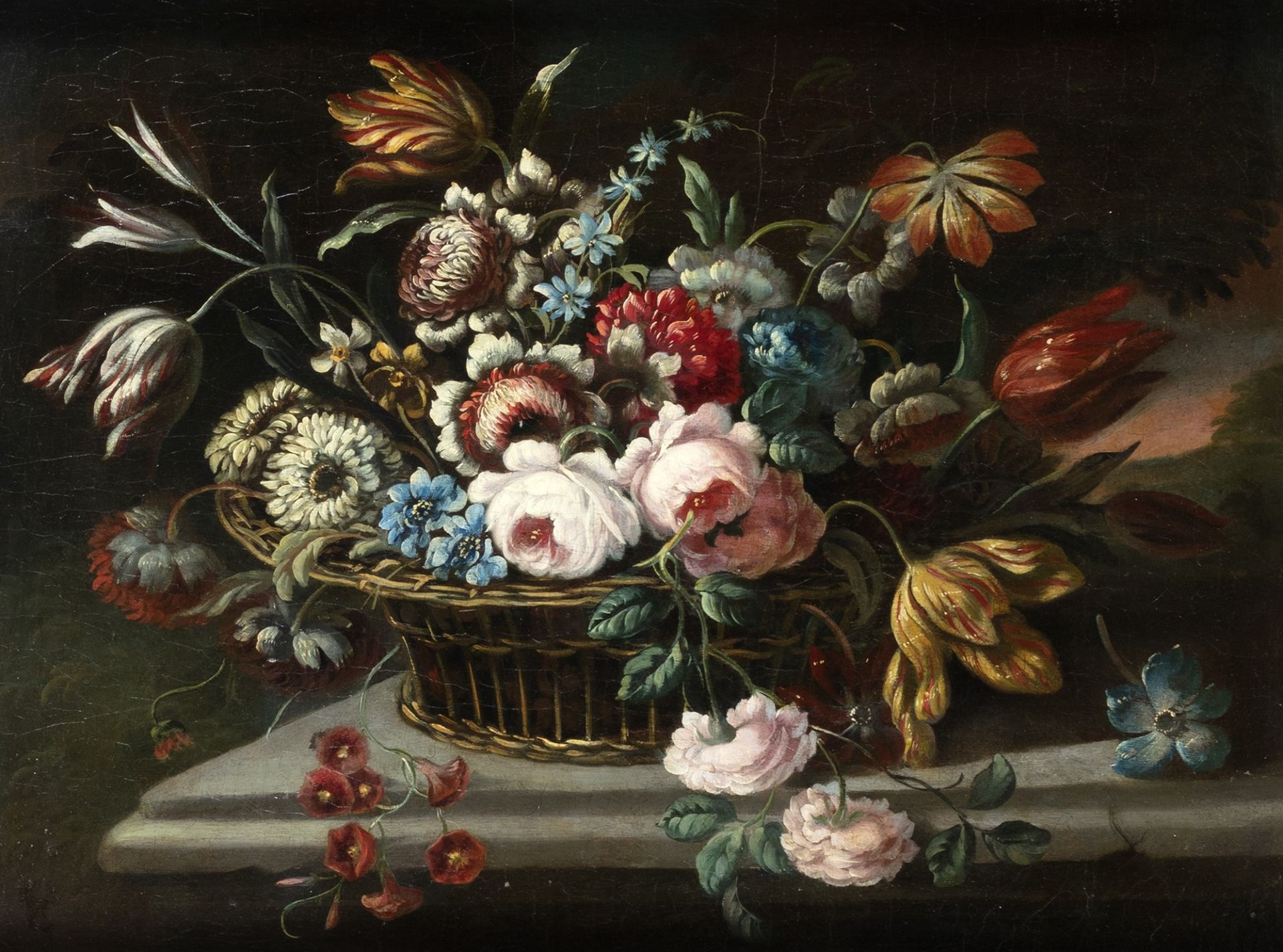 Follower of Mario de' Fiori - Flowers in a basket on a stone table