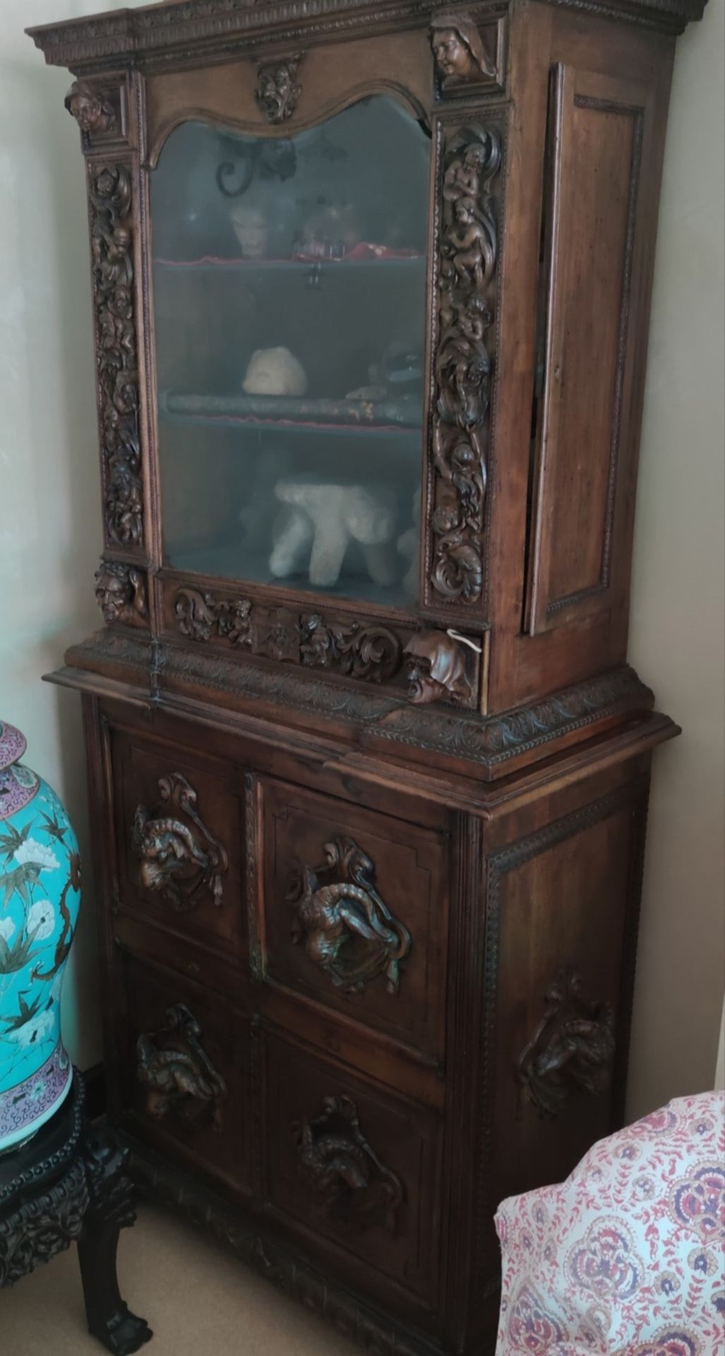 Two-body cabinet, with Renaissance-style showcase, 19th century