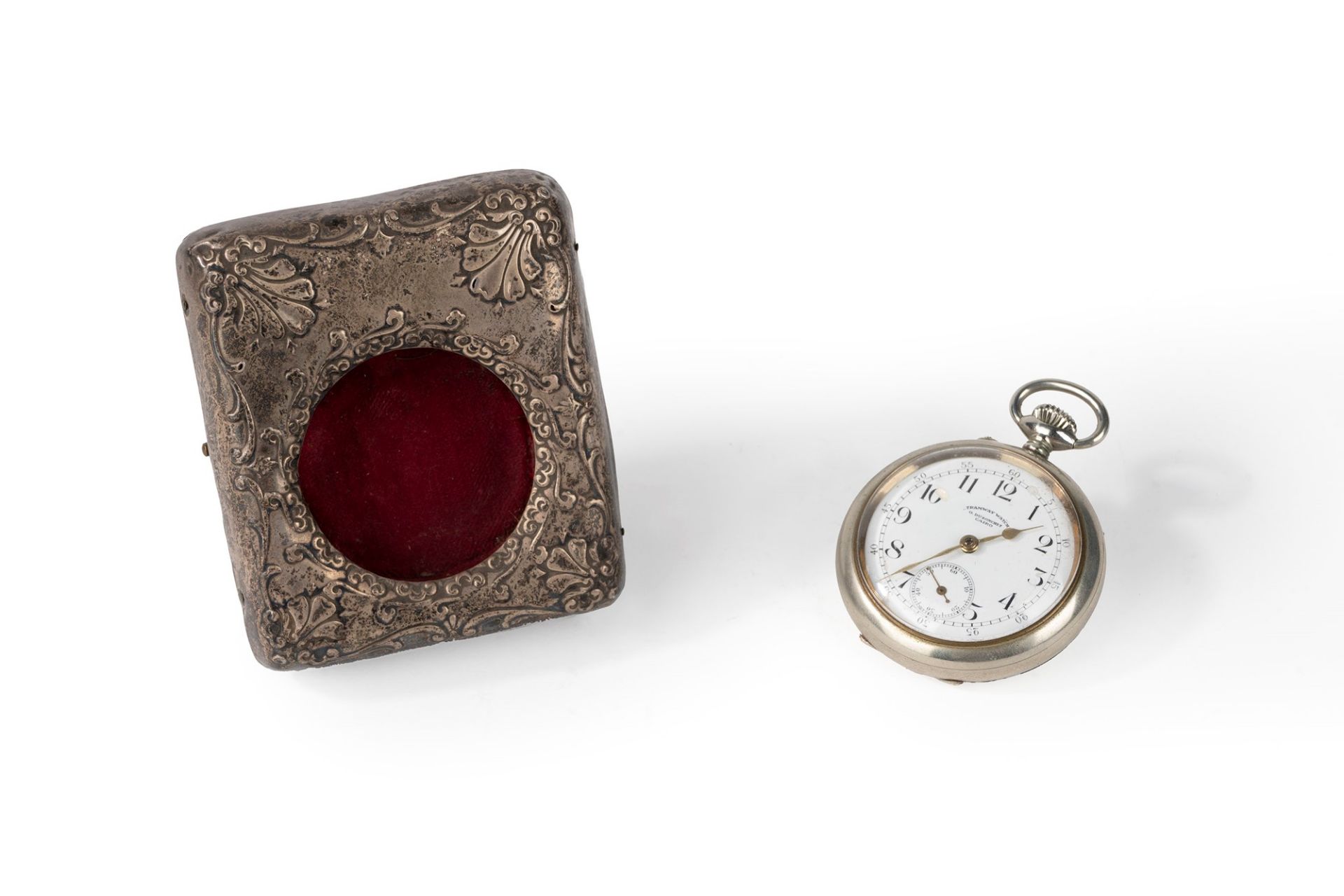 Metal pocket watch with leather and silver watch holder, early 20th century - Image 2 of 2