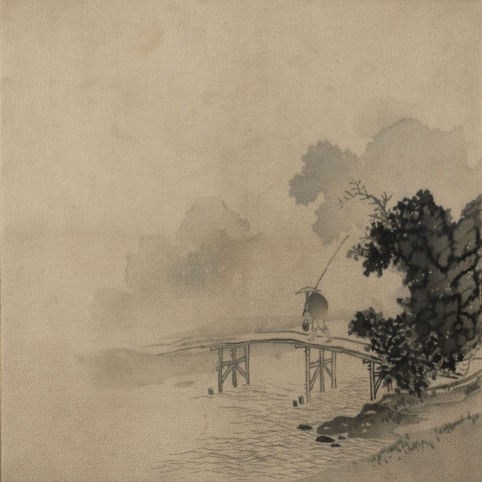 Print on fabric representing a traveler on a bridge, 20th century - Image 2 of 3