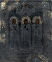 Icon representing Jesus and saints with silver riza. 19th century