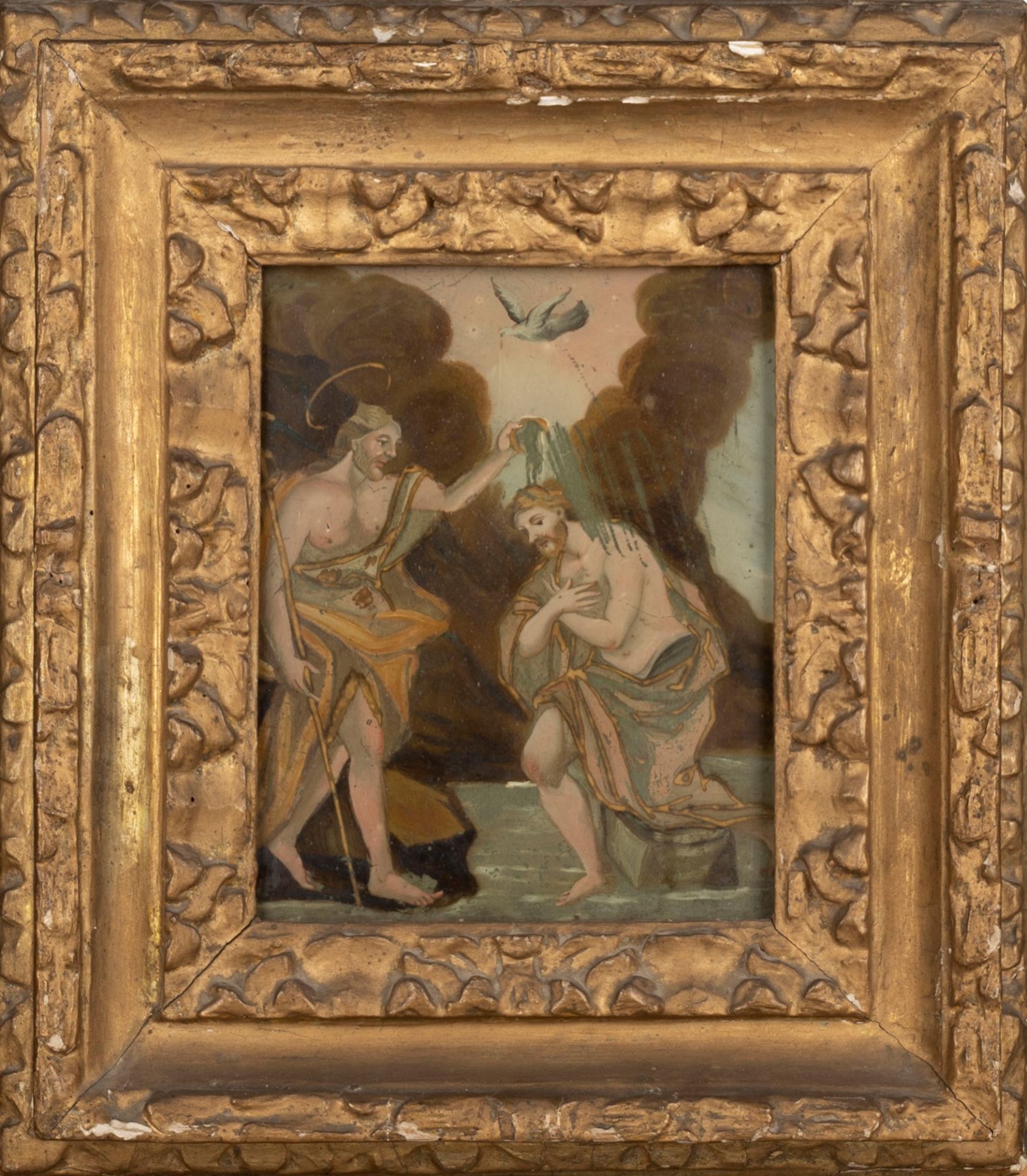 Neapolitan school, eighteenth century - Glass painting representing the Baptism of Christ
