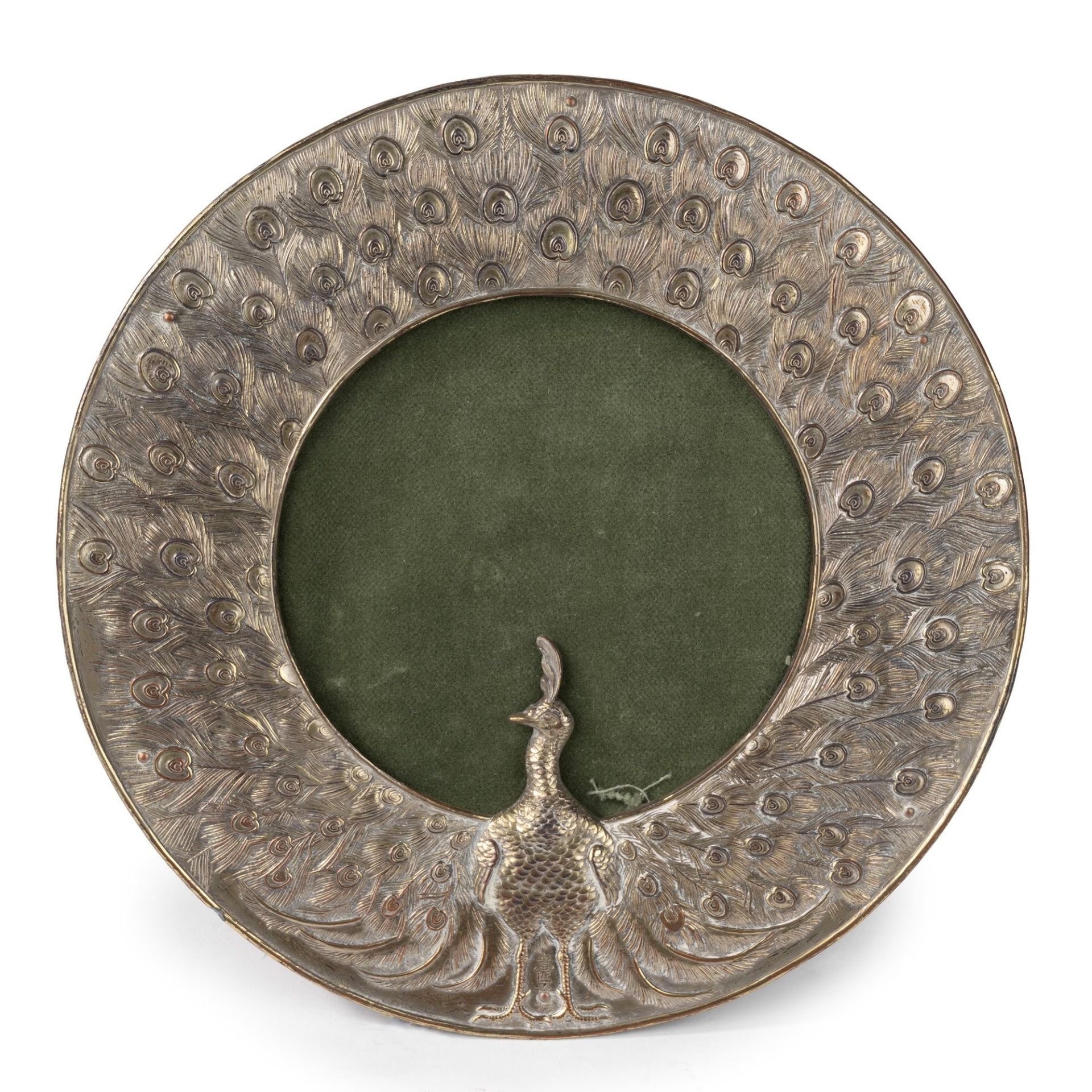 Oriental silver-plated copper photograph holder representing a peacock, 20th century