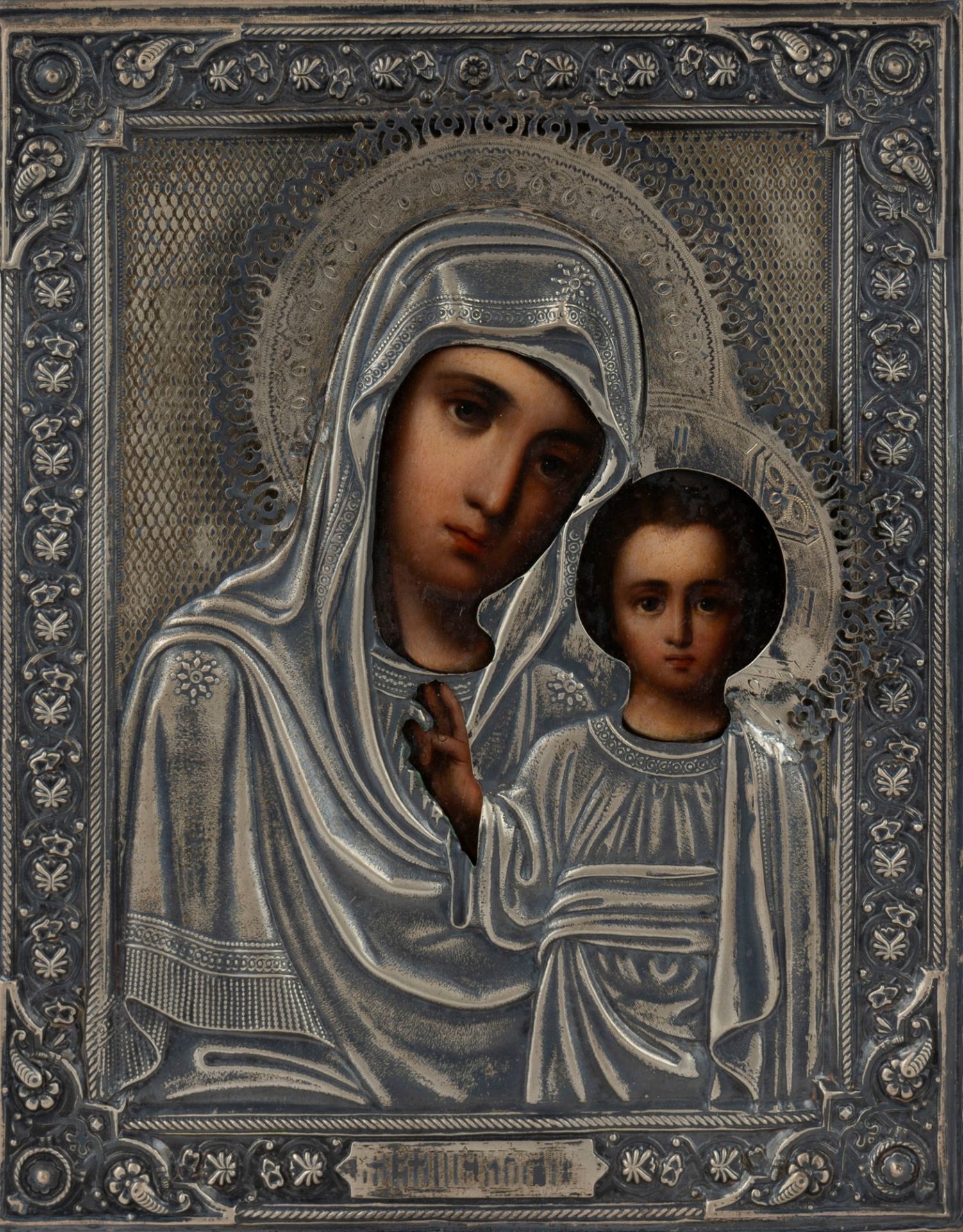 Icon depicting Madonna and Child with silver riza, Russia late 19th century