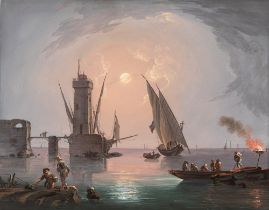 Attribuito a Francesco Fidanza (Roma, 1747 - Milano, 1819) - Full moon at the port