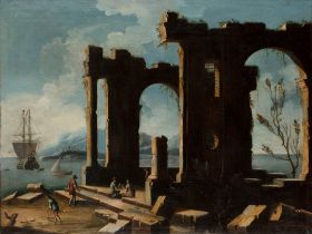 Neapolitan school, eighteenth century - Coastal landscape with ruins and figures