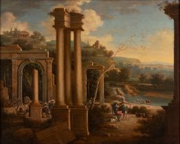 Italian School, XIX Century - Landscape with architectural capriccio and figures