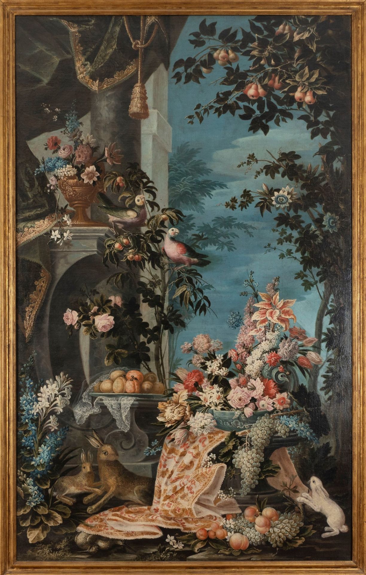 Lombard School, XVIII century - Flowers and fruit in an Italian garden with bunnies and parrots - Image 2 of 8