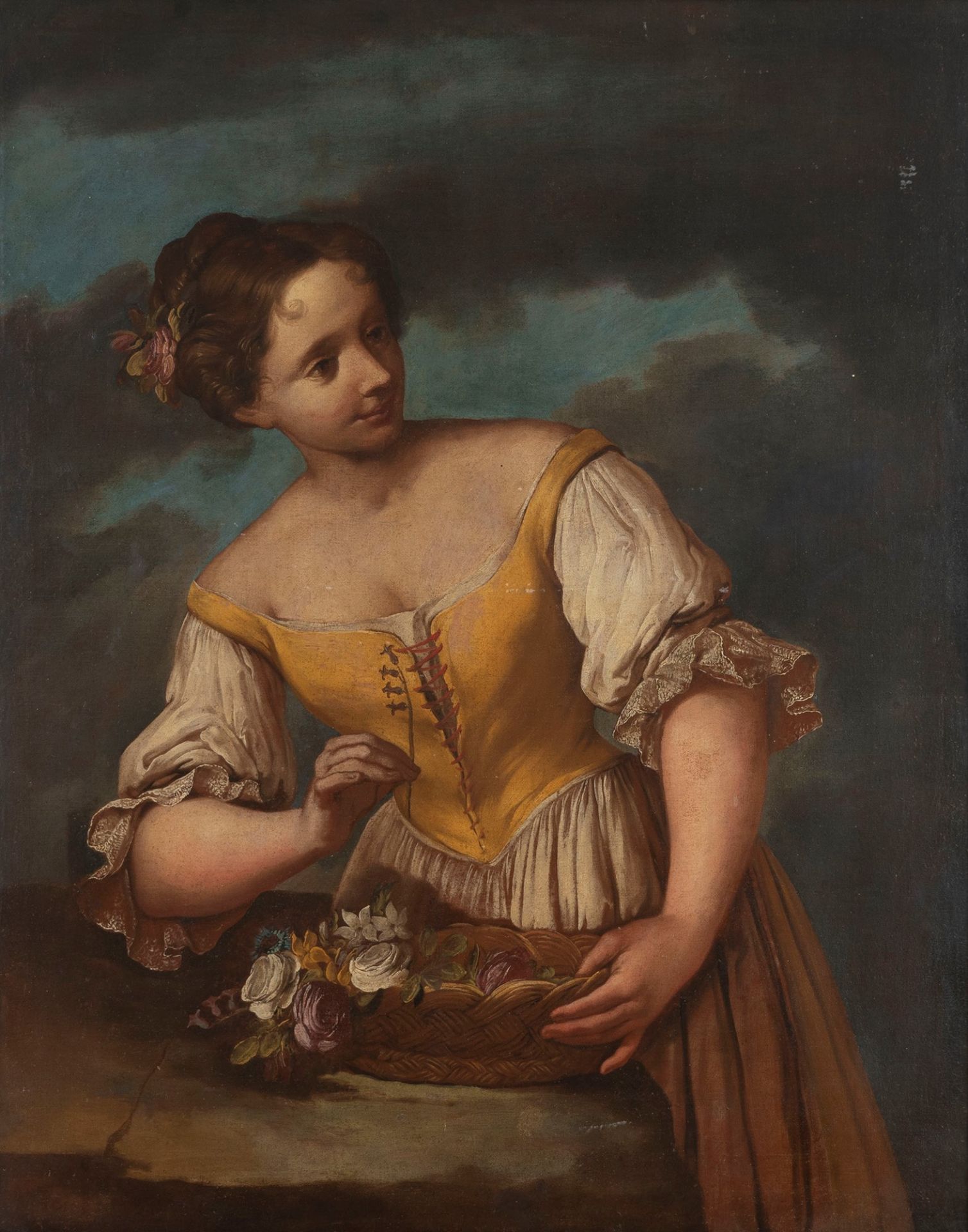 School of Northern Italy, XVIII century - Young woman with flowers in a wicker basket