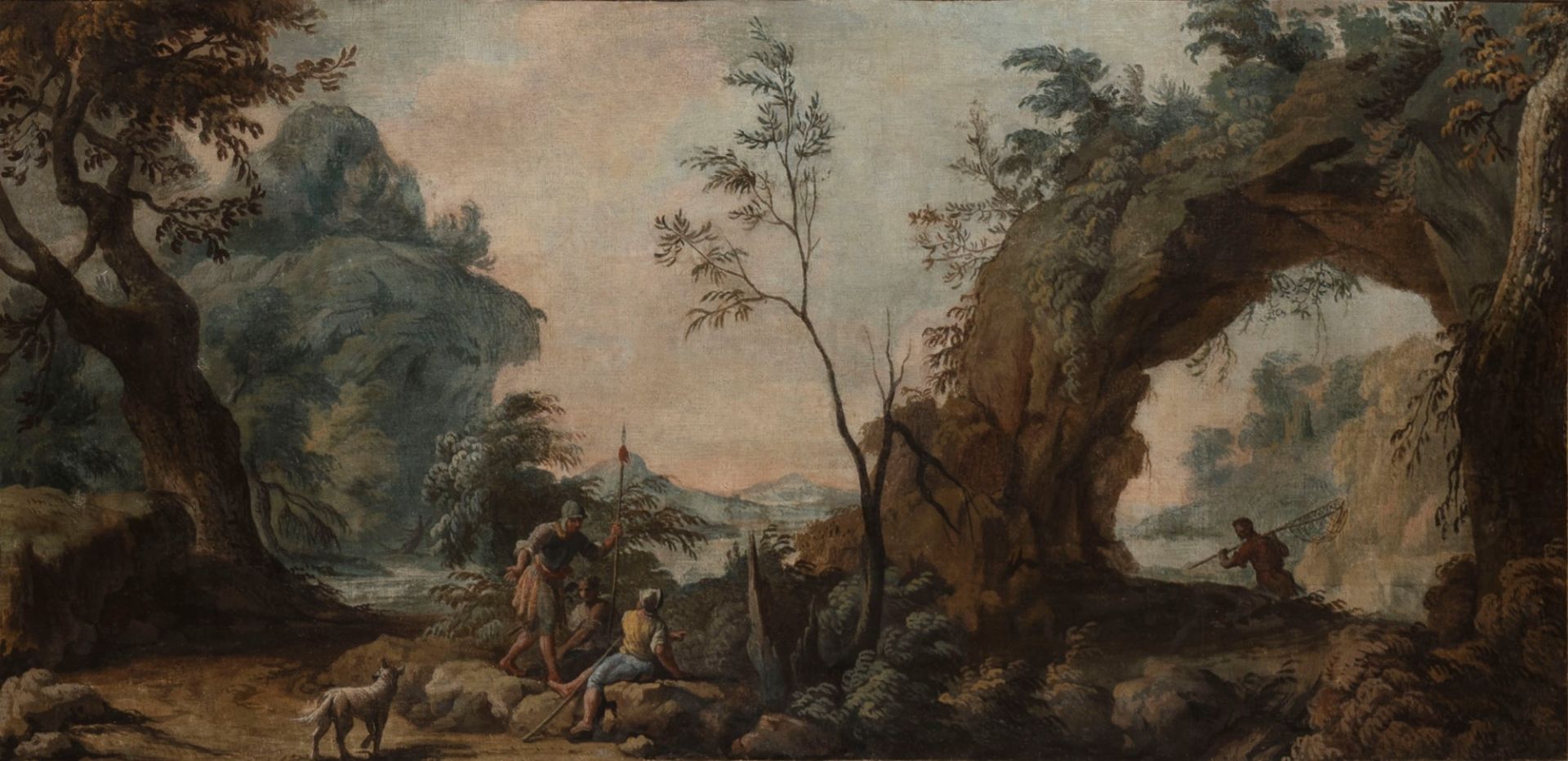 Attributed to Andrea Locatelli (Rome 1695 - 1741) - Landscape with natural arch and resting soldier