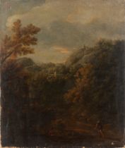 Roman School, XVII century - Wooded landscape with wayfarer