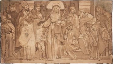 Tuscan School, XVII century - Saint Catherine of Siena among Saints (recto); Study of a male figure