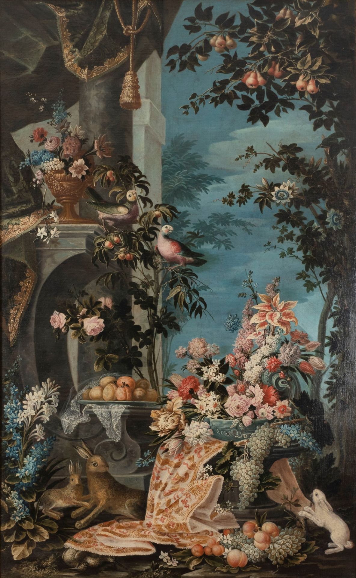 Lombard School, XVIII century - Flowers and fruit in an Italian garden with bunnies and parrots