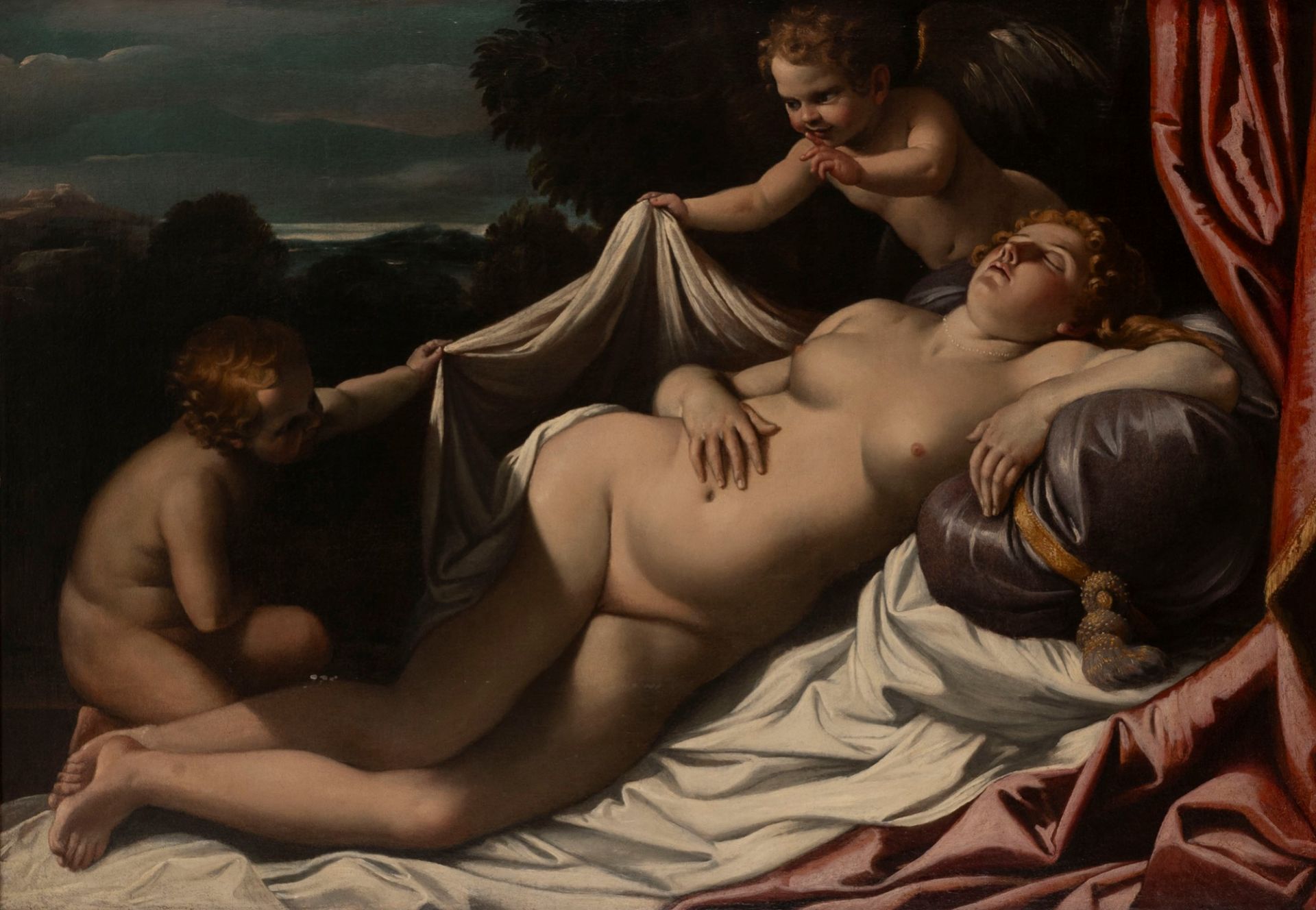Attributed to Giovanni Lanfranco (Parma, 1582 – Rome, 1647) - Sleeping Venus with two cupids