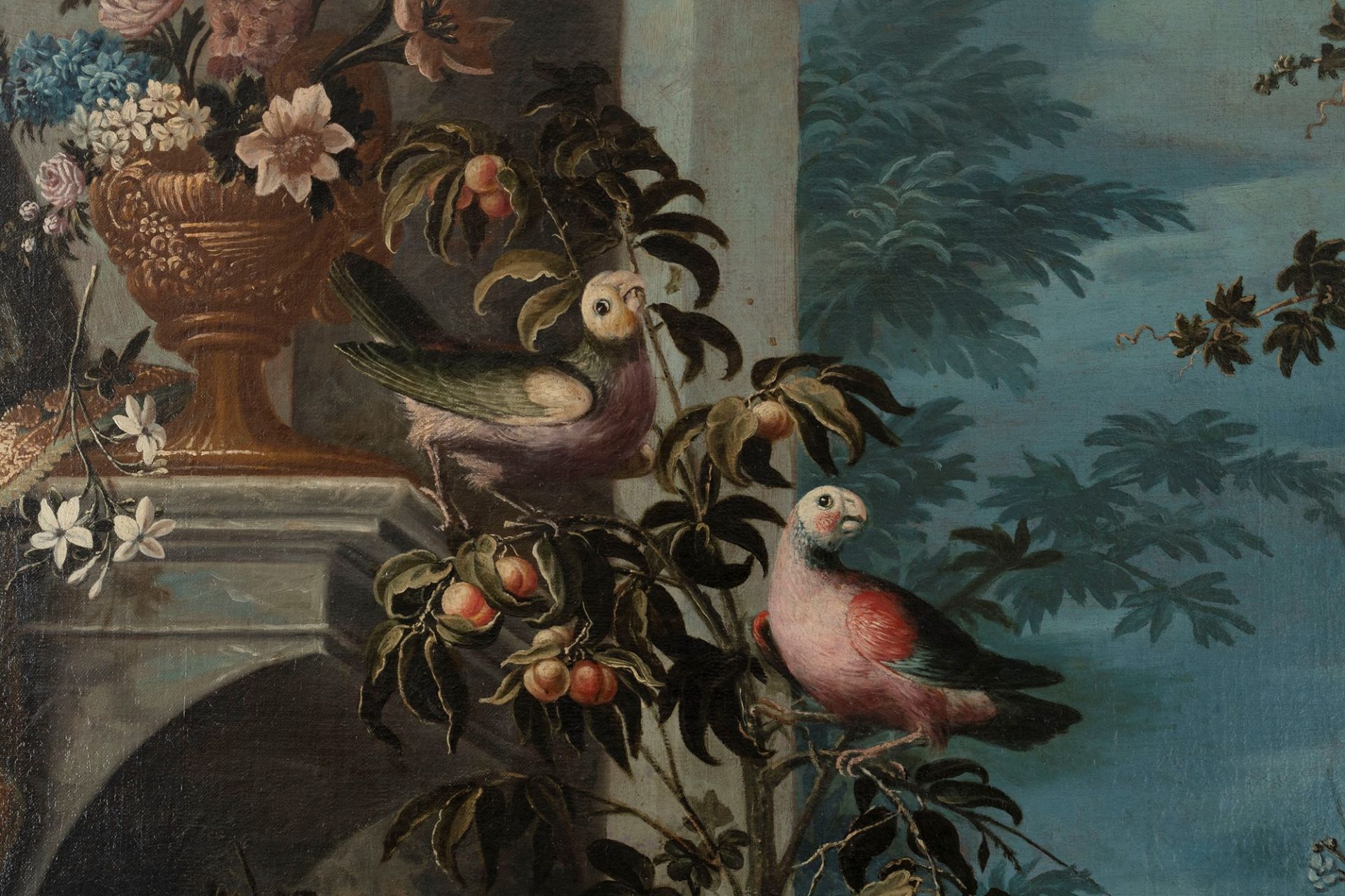 Lombard School, XVIII century - Flowers and fruit in an Italian garden with bunnies and parrots - Image 6 of 8