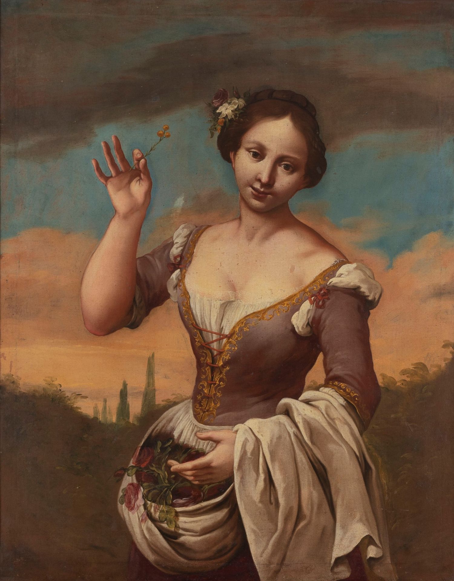 School of Northern Italy, XVIII century - Young woman with flowers