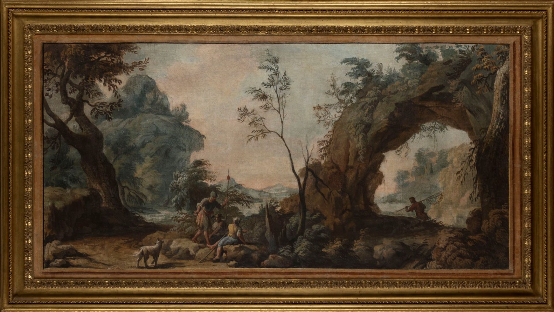 Attributed to Andrea Locatelli (Rome 1695 - 1741) - Landscape with natural arch and resting soldier - Image 2 of 3