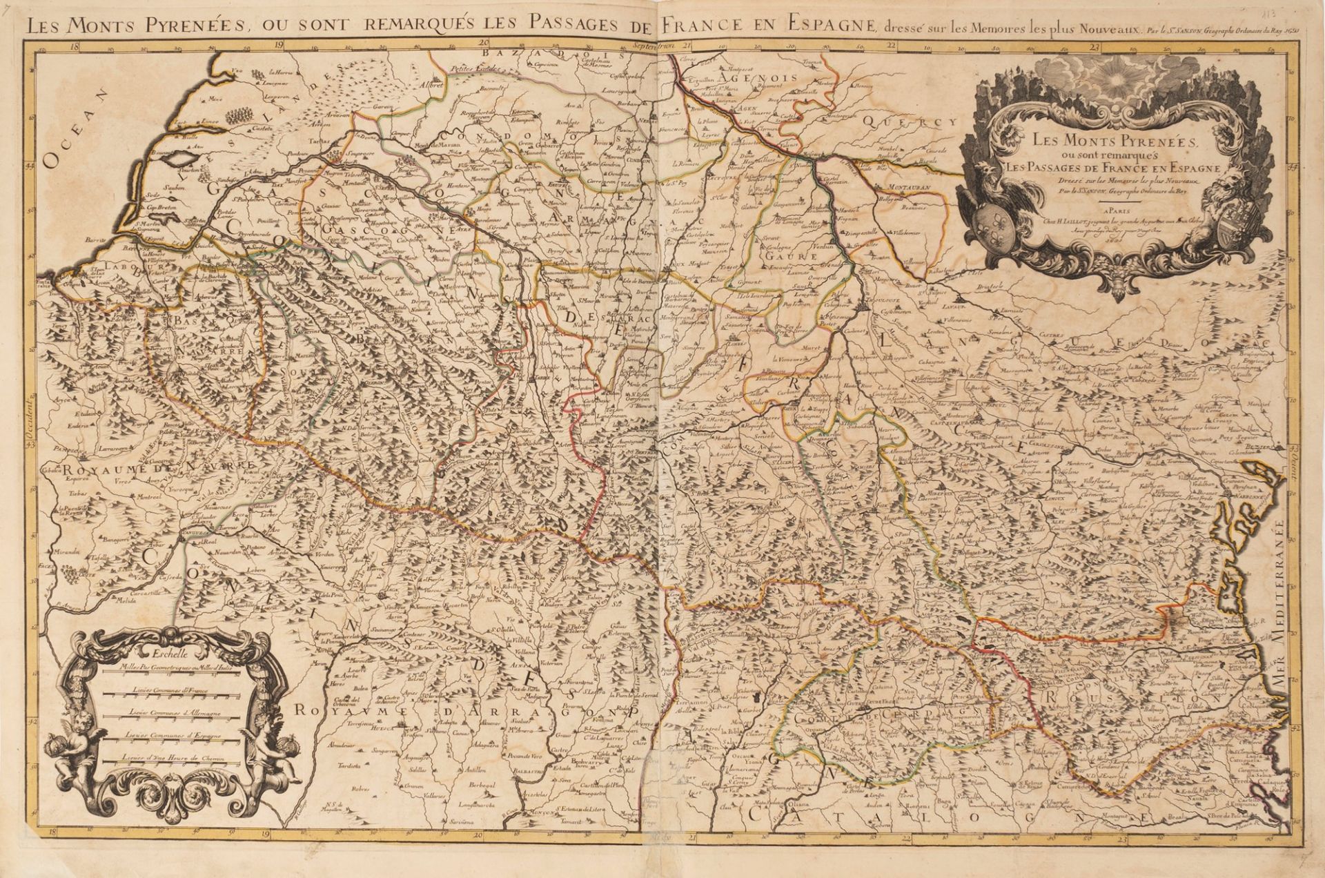 Sanson, Nicolas - Les Mons Pyrenées ou sont remarques les Passages de France en Spagne.