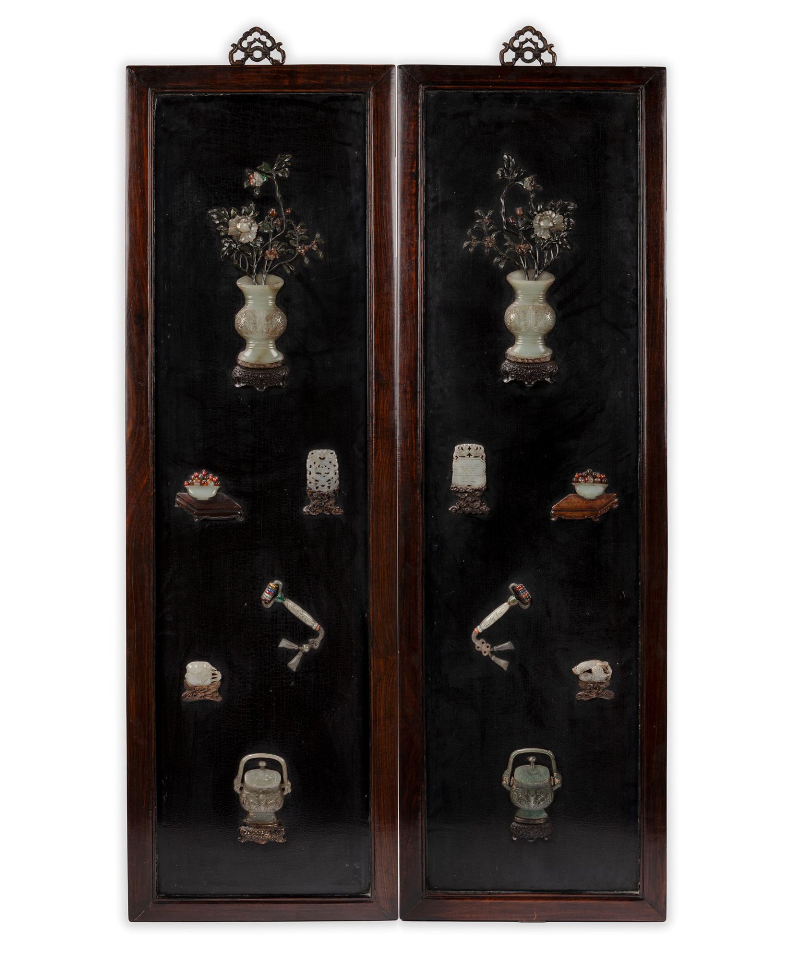 A PAIR OF LACQUERED WOOD PANELS AND JADE CARVINGS, China, early 20th century