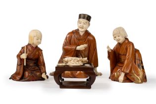 ☼THREE IVORY FIGURES AND A BANQUET, Japan, Meiji period (1868-1912)