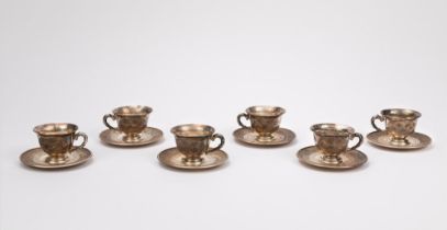 SIX SILVER CUP AND SAUCERS, Vietnam, early 20th century