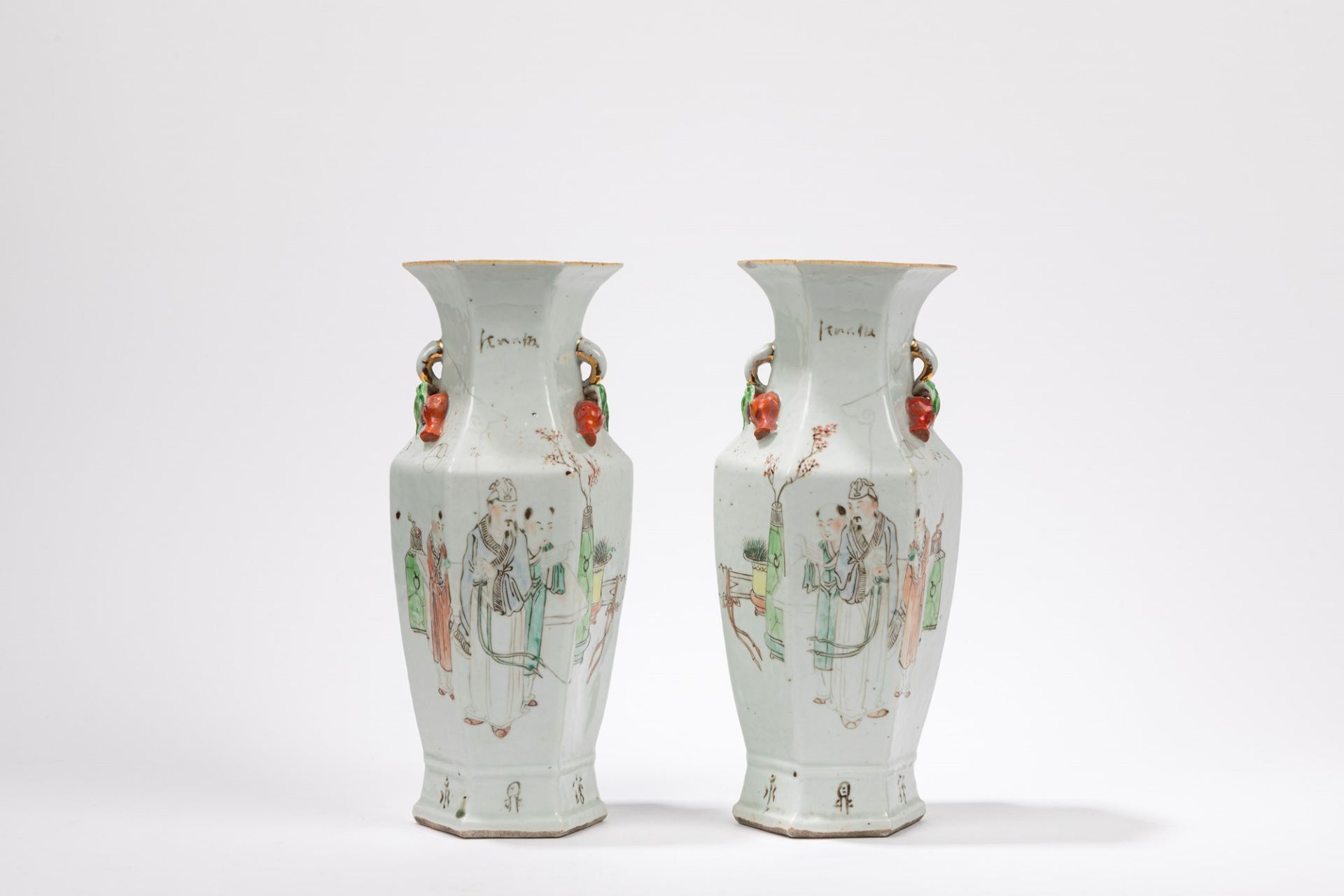 A PAIR OF HEXAGONAL BALUSTER SHAPED QIANJIANGCAI VASES, China, late 19th / early 20th century