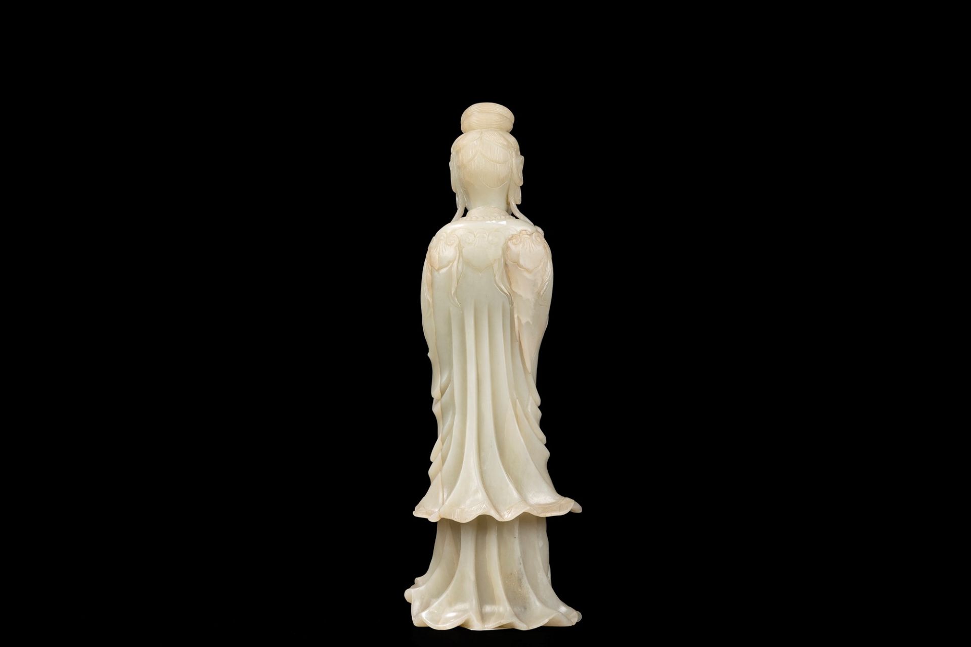 A LARGE PALE CELADON JADE FIGURE OF A STANDING GUANYIN, China, Qing dynasty, 19th century - Image 2 of 3