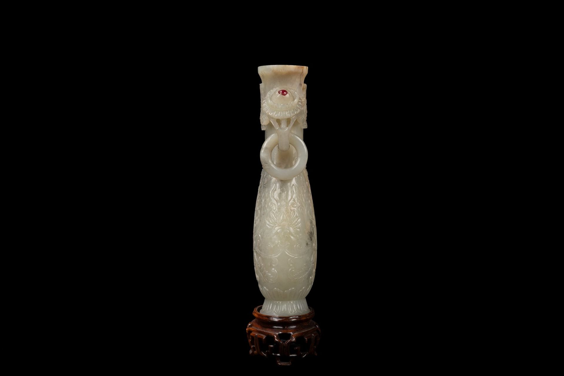 A CHINESE MUGHAL STYLE CARVED CELADON JADE ELONGATED VASE, China, Qing dynasty, 19th / 20th century - Image 2 of 3