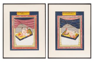 TWO EROTIC PAPER TEMPERA MINIATURES, India, Jaipur school, 19th century