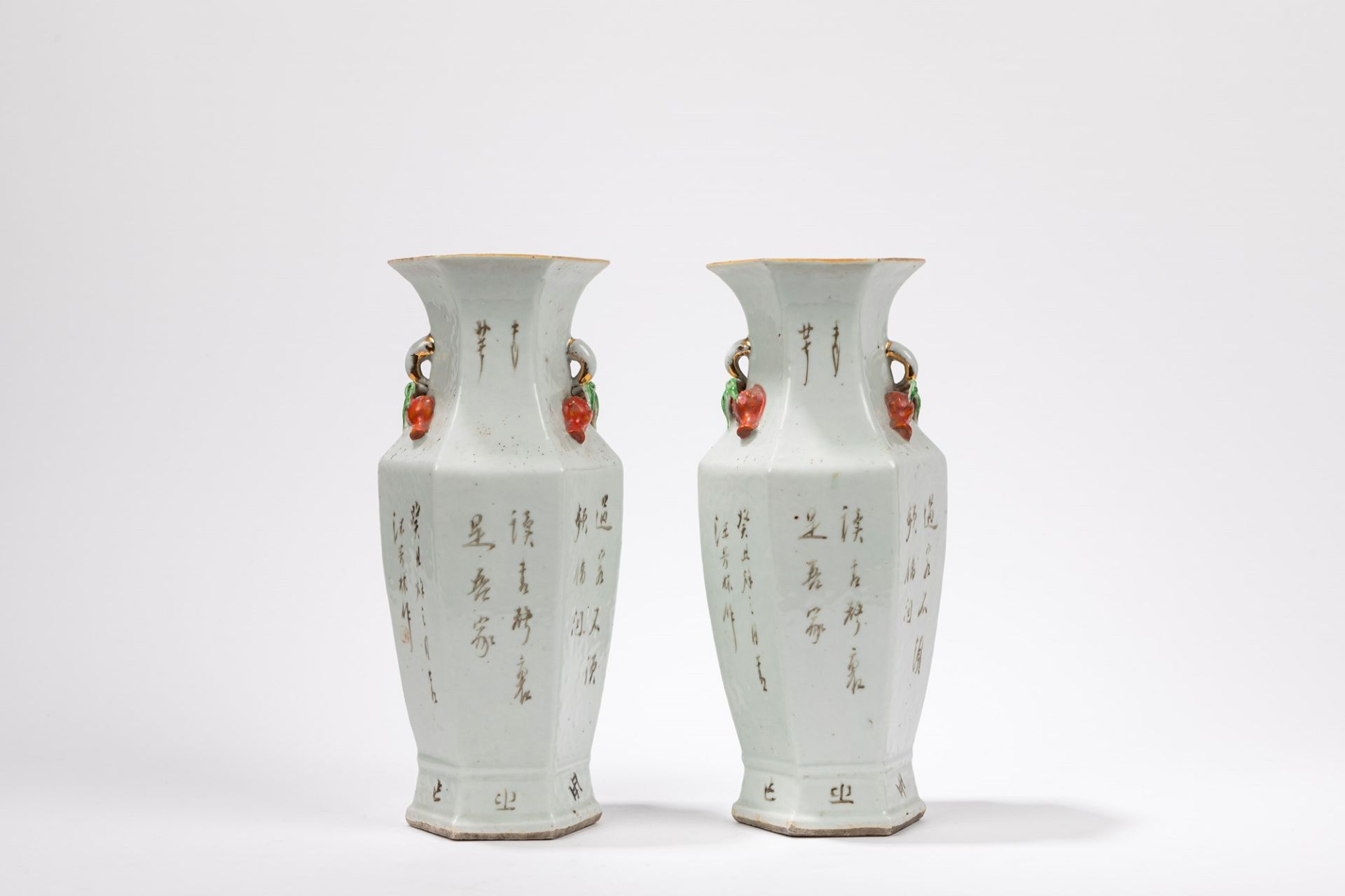 A PAIR OF HEXAGONAL BALUSTER SHAPED QIANJIANGCAI VASES, China, late 19th / early 20th century - Image 2 of 3