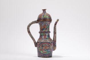 A QAJAR ENAMELLED LIDDED COPPER COFFEE POT, Iran, second half of 19th century