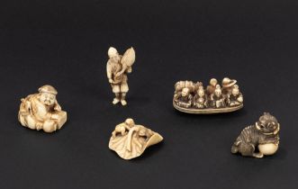 ☼FIVE IVORY NETSUKE/OKIMONO, Japan, Meiji period (1868-1912)