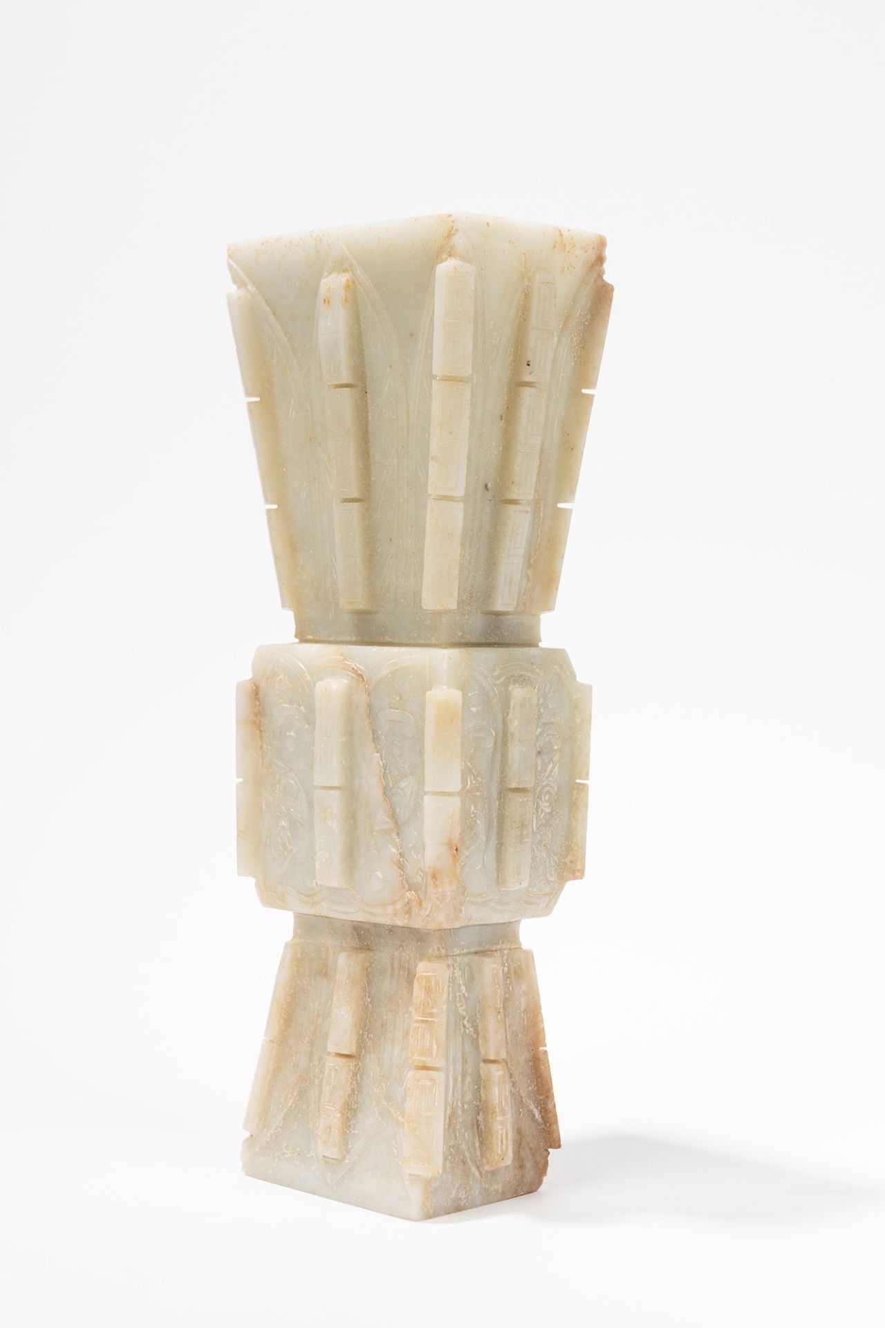 AN ARCHAISTIC MOTTLED WHITE JADE ZUN FORM VASE, China, Ming Dynasty, 17th century - Image 2 of 2