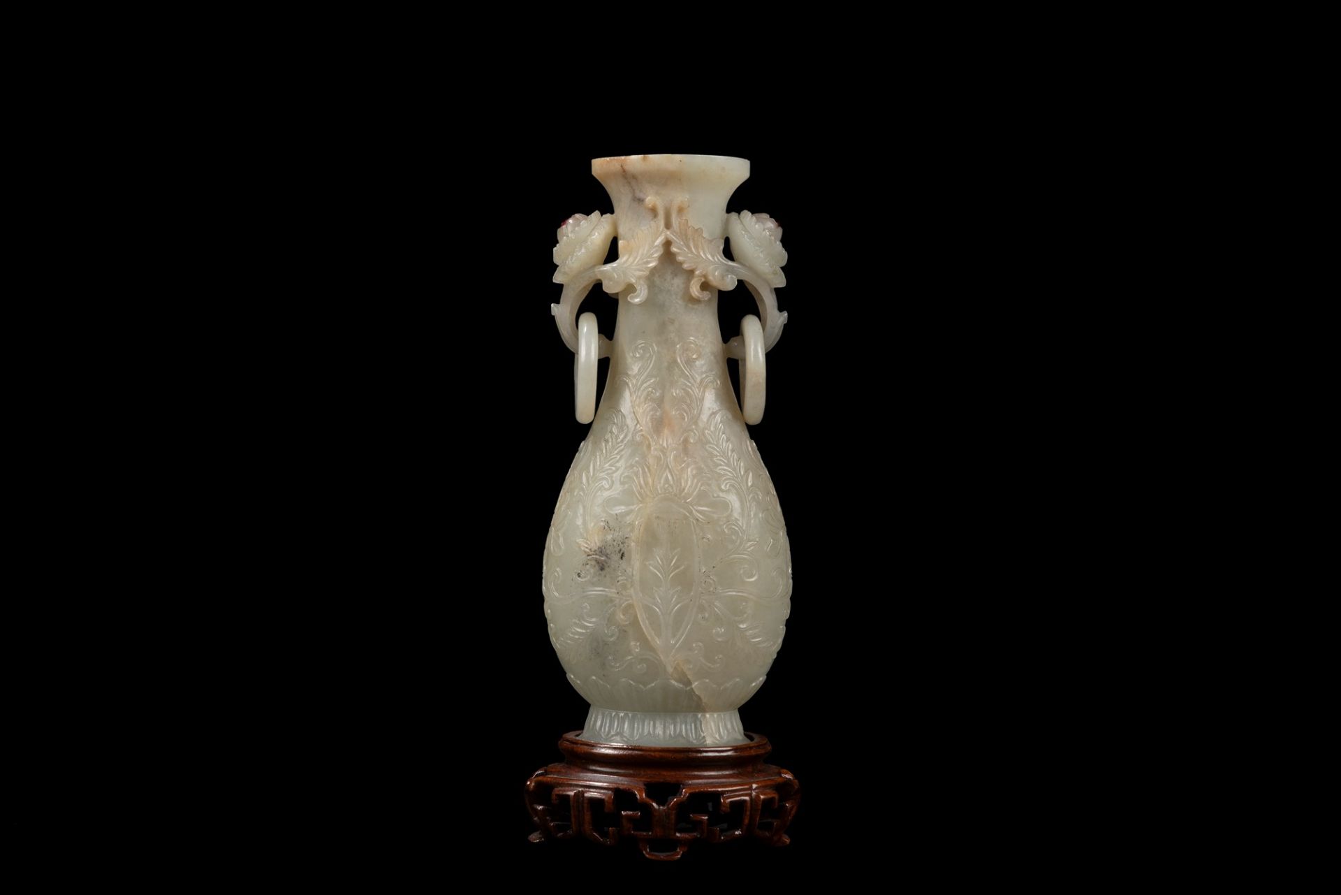 A CHINESE MUGHAL STYLE CARVED CELADON JADE ELONGATED VASE, China, Qing dynasty, 19th / 20th century - Image 3 of 3